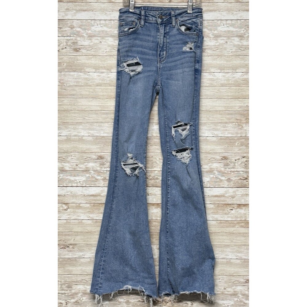 American Eagle Womens Super Hi Rise Flare Jeans Size 0 Reg Distressed Raw Hem